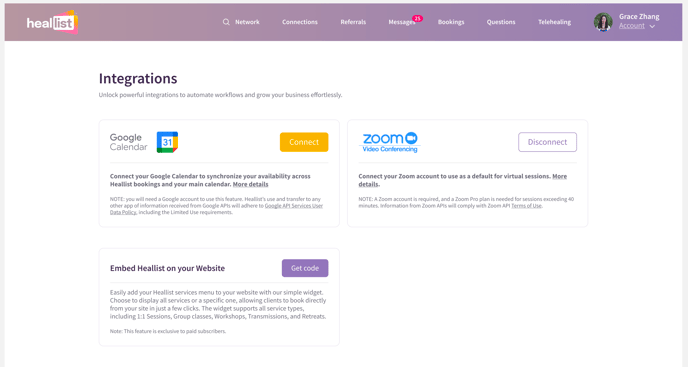 Integrations page